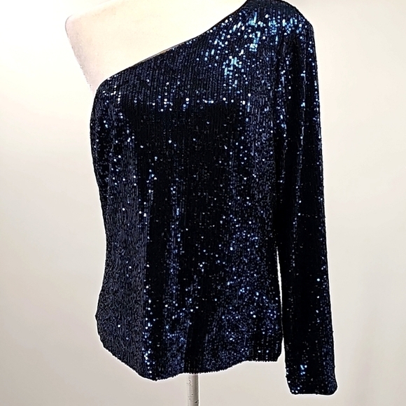 WHBM Blue Sequined Exposed Shoulder Evening Blouse - Picture 5 of 13